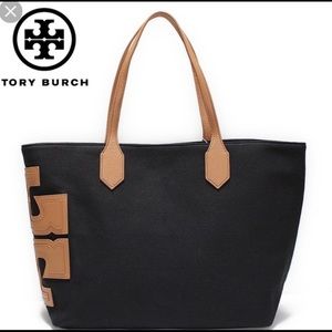 Tory Burch stacked T Canvas Tote East West leather